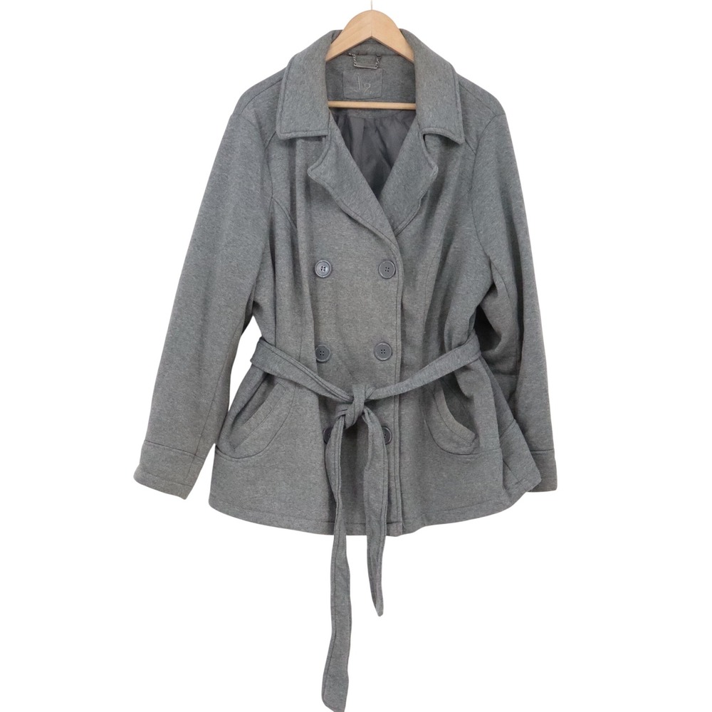J2 Pea Coat Womens 3X Gray Double Breasted Belted Pocket Knit Jacket Excellent